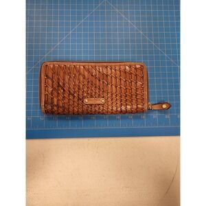 Cole Haan Wallet Brown Woven Leather Zip Around Clutch Organizer Women's